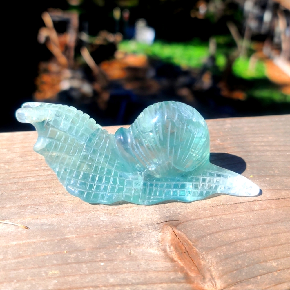 LAST ONE! Fun Green Fluorite handcarved Snail with lots of FIRE! RARE COLOR